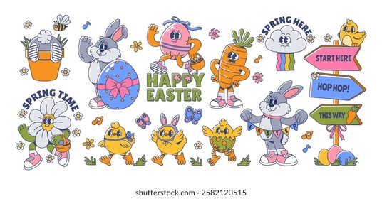 Happy Easter characters. Cartoon bunny, eggs and chicks. Cute rabbit, carrot, flowers, chicken, decorative holiday pointer, paint Easter egg. Funny kids animals. Vector set.