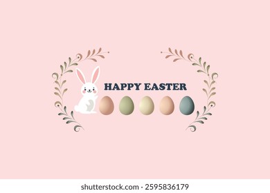 Happy Easter with a Charming Bunny Surrounded by Decorative Eggs and Floral Elements