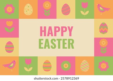 Happy Easter - checkered vector banner. Banner with holiday symbols - flowers, Easter eggs, birds and text. Template for invitations, cards, congratulations, advertising.	