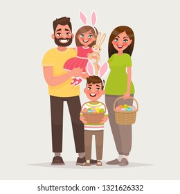  Feliz Pascua. Alegre familia con cestas llenas de huevos. Papá, mamá, hijo e hija celebran juntos una fiesta religiosa. Ilustración vectorial al estilo de las caricaturas.