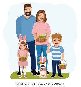 Happy easter. Cheerful family with baskets full of eggs. Dad, mom, son and daughter. Vector illustration.