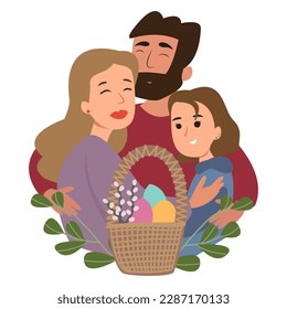 Happy easter. Cheerful family with baskets full of eggs. Dad, mom and daughter celebrate a religious holiday together. Vector illustration in cartoon style.