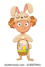 Happy Easter. Cheerful girl cartoon character in a costume of rabbit holding basket with colored eggs