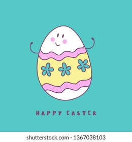 happy Easter. Cheerful Easter painted egg. Cute vector holiday illustration in cartoon style. Greeting card.
