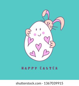 happy Easter. Cheerful painted Easter egg and the Easter Bunny. Cute vector holiday illustration in cartoon style. Greeting card.