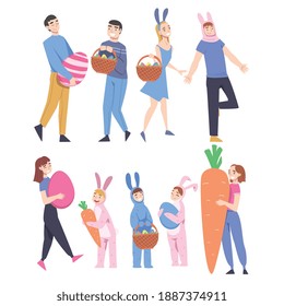 Happy Easter, Cheerful People Celebrating Holiday Set, Men, Women and Kids with Decorated Easter Eggs Cartoon Style Vector Illustration