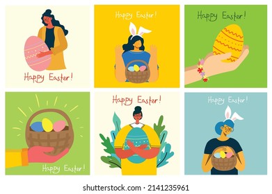 Happy Easter, Cheerful People Celebrating Holiday Set, Men, Women and Kids with Decorated Easter Eggs Cartoon Style