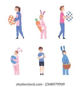 Happy Easter with Cheerful People Celebrating Holiday Vector Set