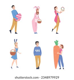 Happy Easter with Cheerful People Celebrating Holiday Vector Set