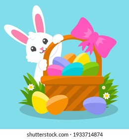 Happy Easter. Cheerful rabbit. Basket with painted eggs on the green grass. Colored flat vector illustration isolated on blue background. Cartoon character.