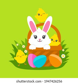 Happy Easter. Cheerful rabbit in a basket with painted eggs on the green grass. Cute chickens. Colored flat vector illustration isolated on green background. Cartoon character.