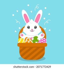 Happy Easter. Cheerful rabbit in a basket. Colored flat vector illustration isolated on blue background. Cartoon character.