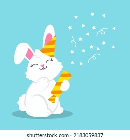 Happy Easter. Cheerful rabbit with party cracker. Colored flat vector illustration isolated on blue background. Cartoon character.