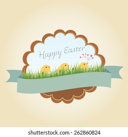 Happy Easter! Easter chick in field.