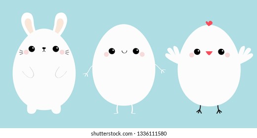 Happy Easter chicken bird, bunny head face, egg set line. White rabbit baby chick. Cute cartoon kawaii funny character. Friends forever. Farm animal. Blue pastel background. Flat design Vector