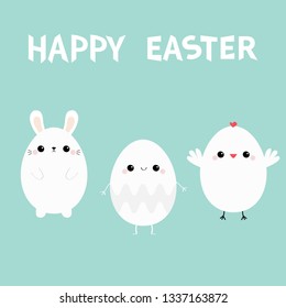 Happy Easter chicken bird, bunny head face, egg set. White rabbit baby chick. Cute cartoon kawaii funny character. Friends forever. Farm animal. Blue pastel background. Flat design Vector illustration