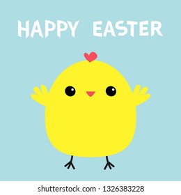 Happy Easter chicken bird. Cute cartoon kawaii funny baby character. Flat design. Greeting card. Blue pastel color background. Vector illustration