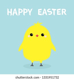 Happy Easter. Chicken bird. Cute cartoon funny kawaii baby character. Greeting card. Yellow color. Flat design. Blue background. Vector illustration