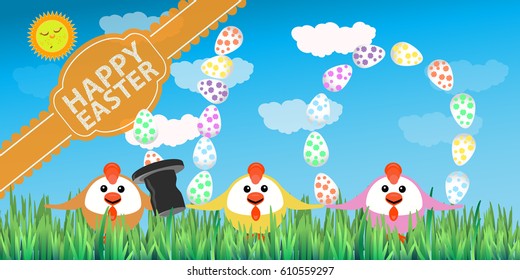 Happy easter chicken circus against the sky. Illustration for your design.