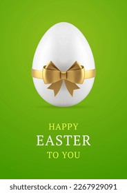 Happy Easter chicken egg festive bow ribbon white painted present 3d greeting card design template realistic vector illustration. Holiday eggshell traditional congratulations religious festive treat