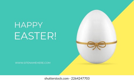 Happy Easter chicken egg with golden bow festive 3d banner template design realistic vector illustration. White eggshell protein yolk food Christianity religious holiday congratulations element