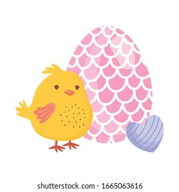 happy easter chicken with egg and heart decoration vector illustration
