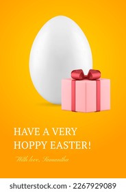 Happy Easter chicken egg pink wrapped gift box 3d greeting card design template realistic vector illustration. Religious Christianity traditional holiday congratulations postcard event celebration