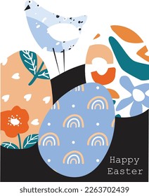 Happy Easter. Chicken eggs. Easter eggs, flowers. Collage