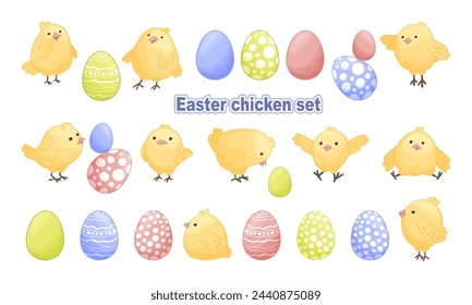 Happy Easter chicken and eggs sticker set. Bright cute baby print collection of vector illustrations. Isolate on white.