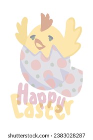 Happy Easter. Chicken hatched from egg. Vector isolated illustration.