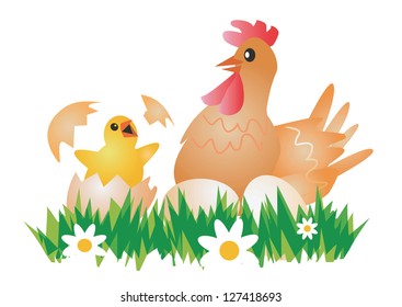 Happy Easter Chicken, Hen  and eggs. Vector illustration suitable for Easter