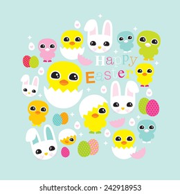 Happy easter chicken and little bunny illustration postcard cover greetings design template in vector