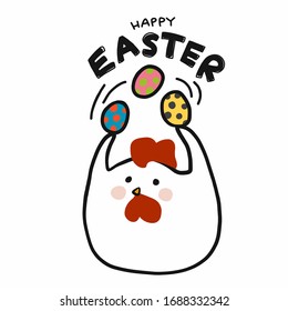 Happy Easter chicken play with colorful Easter eggs cartoon vector illustration