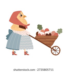 Happy Easter. A chicken pushes a wheelbarrow with eggs, carrots and Easter cake in front of itself. Cute flat vector illustration isolated on white background.
