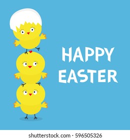 Happy Easter Chicken pyramid family set. Egg shell on head. Cute cartoon funny character. Three baby chick bird friends. Greeting card. Blue background. Flat design. Vector illustration