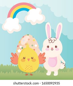 happy easter chicken and rabbit with dotted egg in grass vector illustration