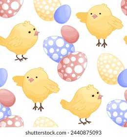 Happy Easter chicken seamless pattern. Bright background for wrapping paper and fabrics. Cute baby egg hunter print.