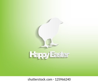 Happy Easter with a chicken, sticker on a green background.