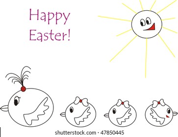   Happy Easter! Chicken's family. Children's drawings