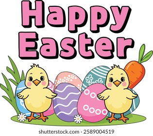 Happy Easter Chicks With Eggs Illustration