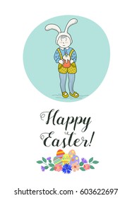 Happy Easter! Child in Bunny costume holding a Easter cake. A wreath of spring flowers and Easter eggs. Vintage hand drawn Easter card.
