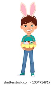 Happy Easter child. Cute boy wearing bunny ears. Funny cartoon character holding basket full of eggs. Vector illustration on white background