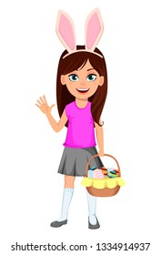 Happy Easter child. Cute girl wearing bunny ears. Funny cartoon character holding basket of eggs and waving hand. Vector illustration on white background