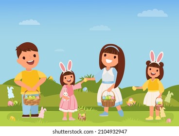 Happy easter. Children with baskets full of eggs. A boy and a girl. Vector illustration.