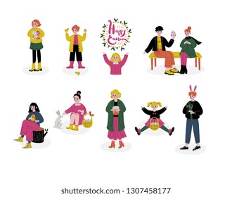 Happy Easter, Children Celebrating Holiday, Boys and Girls Holding Basket of Colorful Eggs, Cakes, Branches of Spring Trees Set Vector Illustration