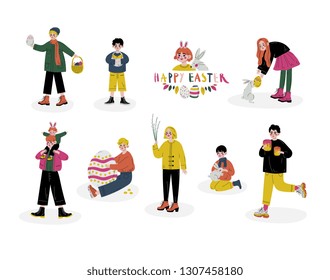 Happy Easter, Children Celebrating Holiday, Boys and Girls Holding Easter Symbols Set Vector Illustration