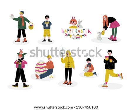 Happy Easter, Children Celebrating Holiday, Boys and Girls Holding Easter Symbols Set Vector Illustration