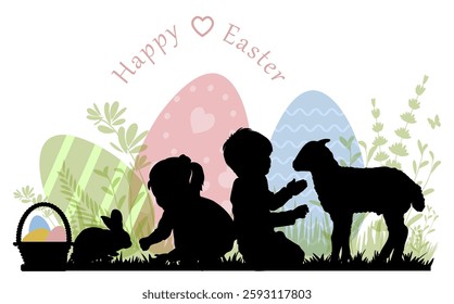 Happy Easter. Children, lamb and rabbit silhouettes on white background. Vector illustration.