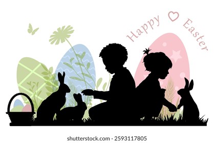 Happy Easter. Children and rabbits silhouettes on white background. Vector illustration.	
