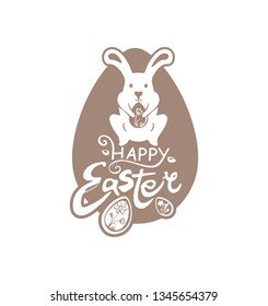 Happy Easter. Chocolate egg. Vector sticker with white Easter bunny with gift egg. Modern Easter logo. 
